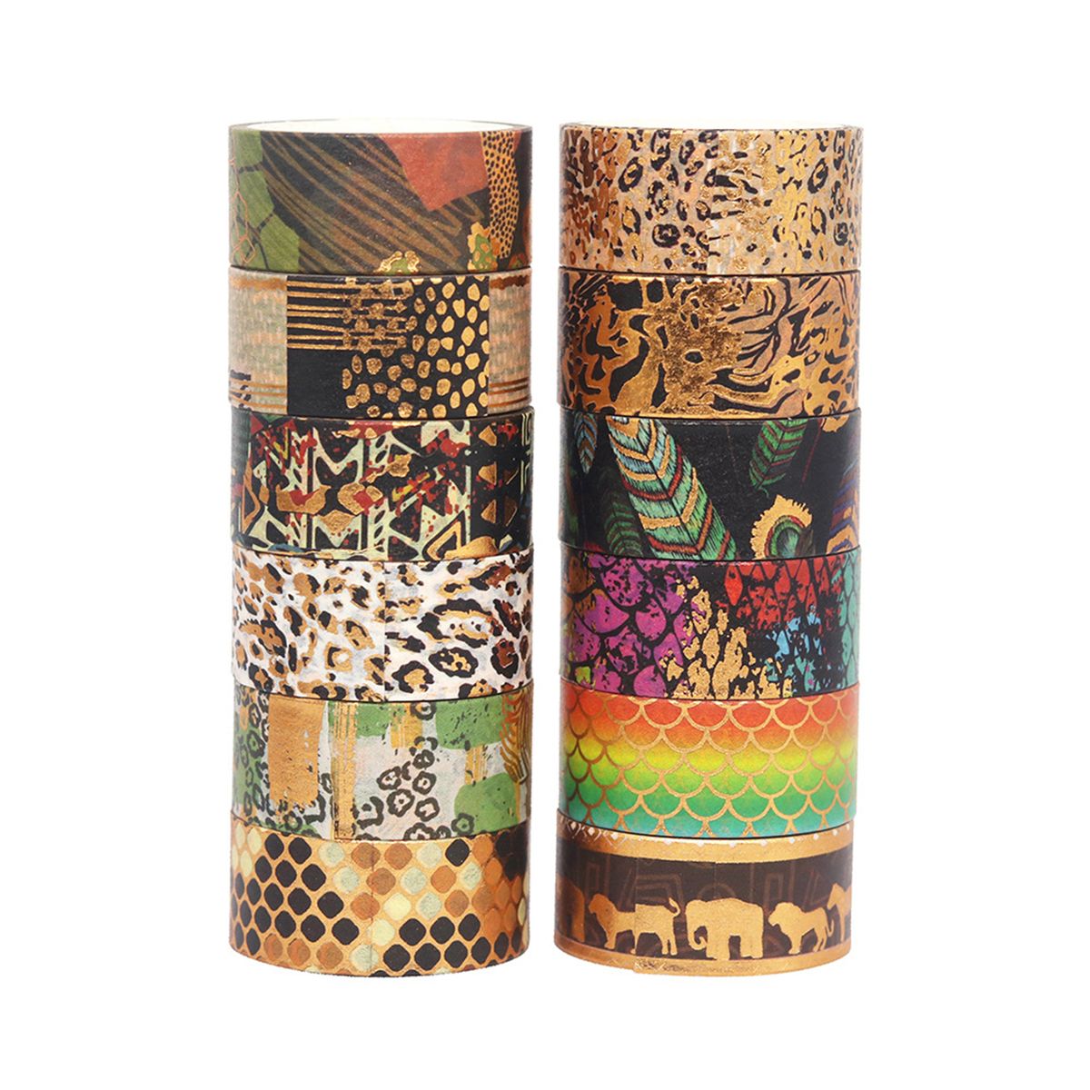12 Rolls Washi Tape Set Gold Foil Wilderness Style Animal