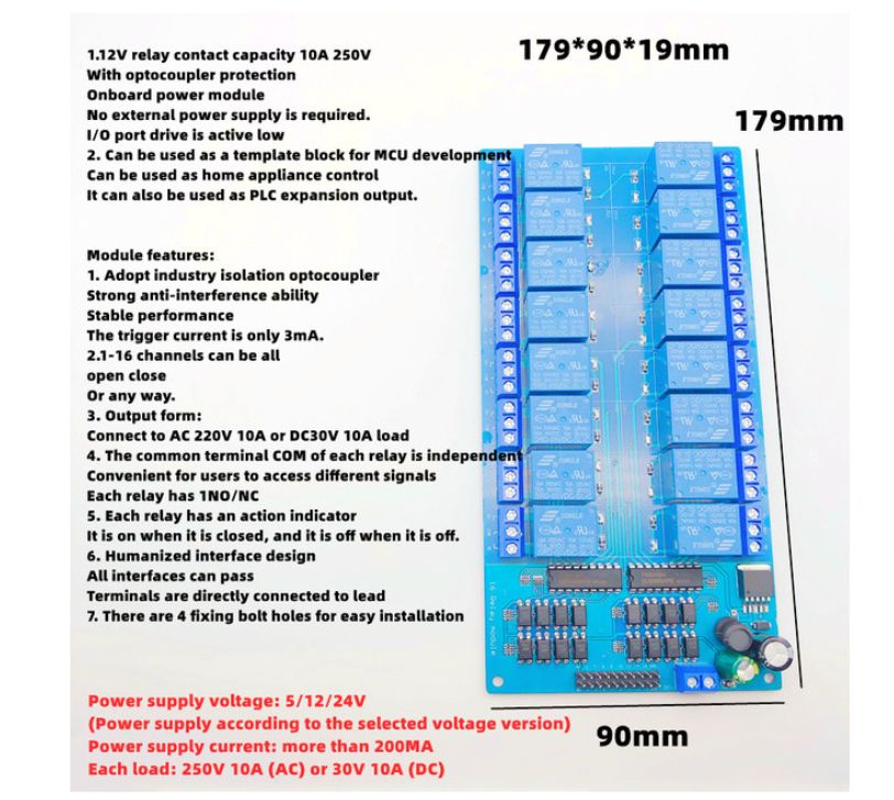Low Level Trigger Relay Module,12V,16 Channels Optocoupler