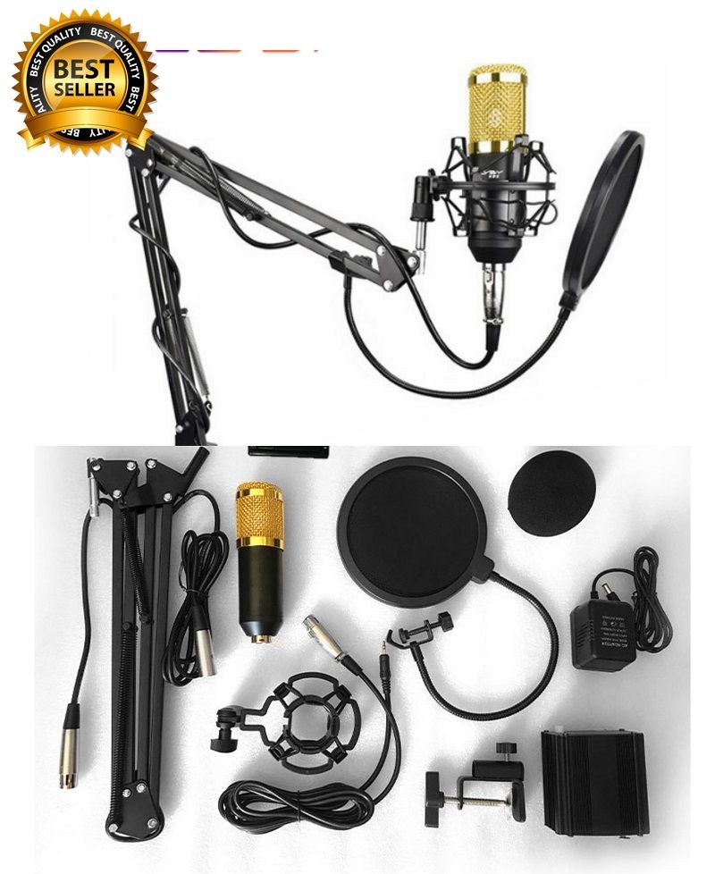 Premium Quality BM800 Studio Condenser Microphone Network Karaoke With Special Bracket,Power Supply,Pop Filter(Complete Set)/Studio Recording Condenser Microphone .BLACK