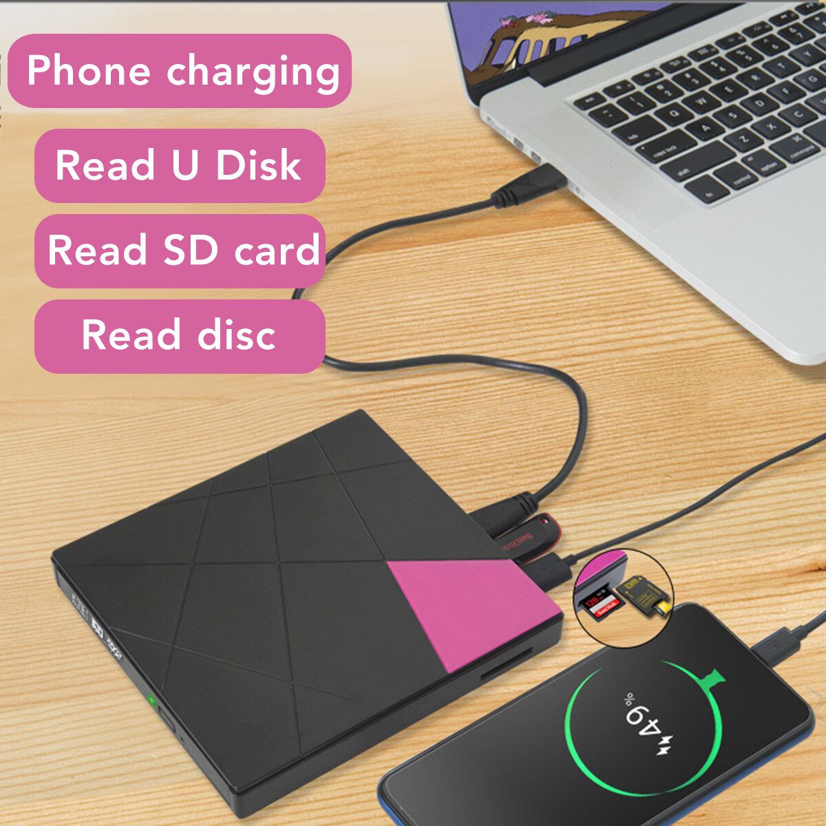 External Optical Drive Type USB 3.0 DVD RW CD Writer Reader USB/SD Slot