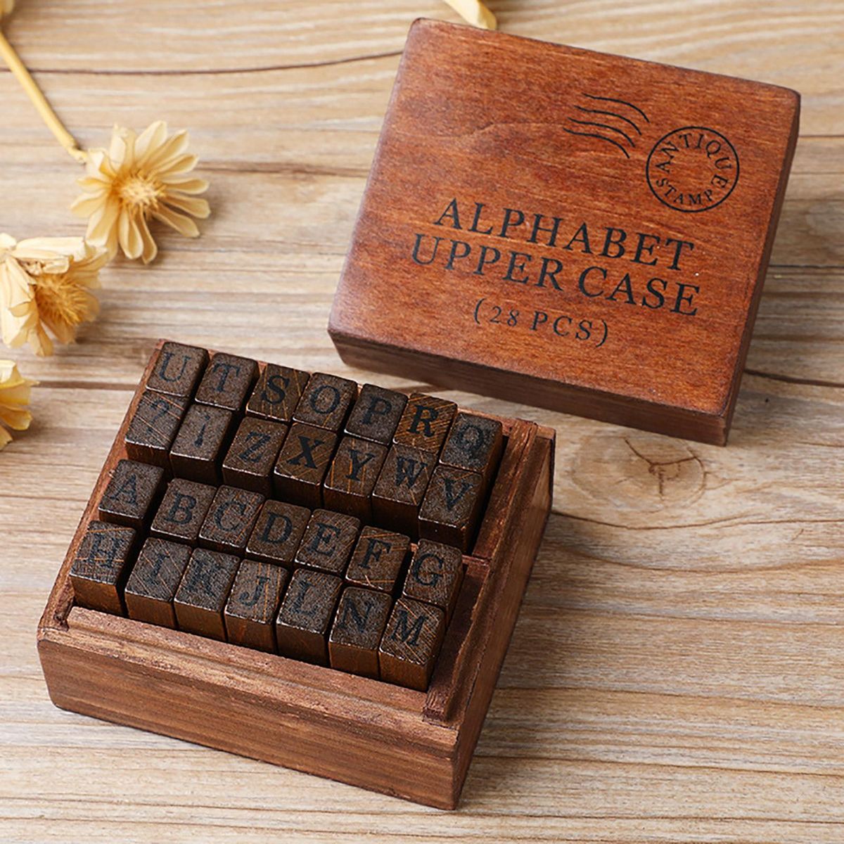 28 Pieces Wood Rubber Stamps Set With Box Case Seal Card Uppercase
