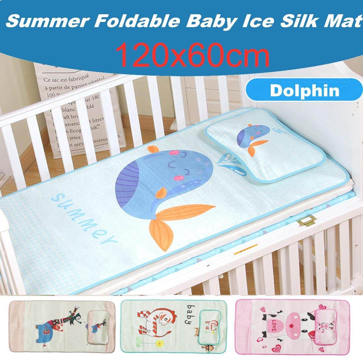 4 Styles Baby Summer Foldable Cool Sleeping Ice Silk Bed Mat With Pillow Set 120*60cm Blue Dolphin