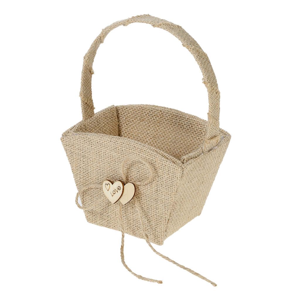 Vintage Rustic Wedding Burlap Flower Girl Basket With Wooden