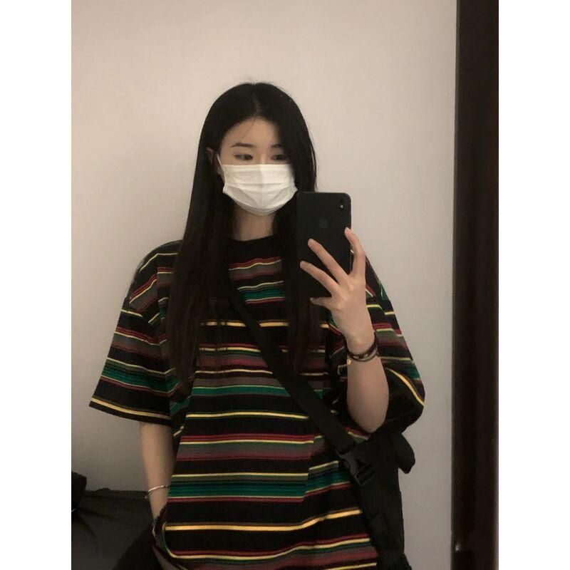 M21 American Style Vintage Stripe Loose-Fitting Casual round-Neck Short Sleeve Men and Women Couple T-shirt Niche Harajuku Style Design Sense Summer