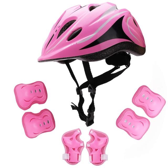 Kids Helmet Knee Elbow Pads Wrist Guard Sport Protective Gear Bike Scooter  Skateboard Roller Cycling Safety Boy Girl 4_12 Years(#Pink)