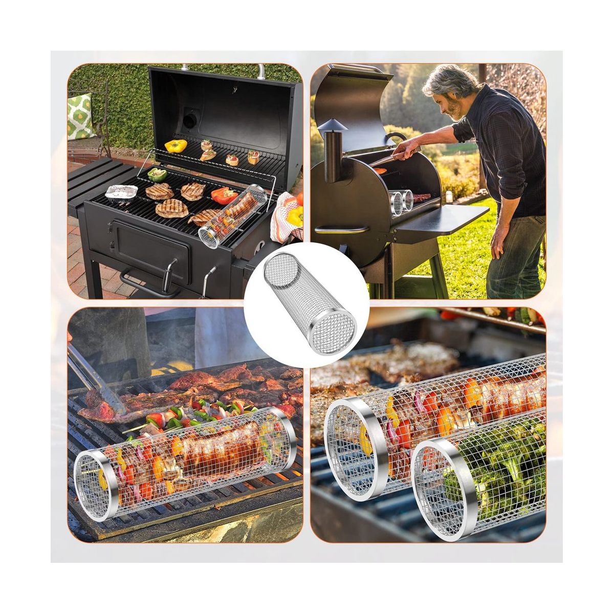 2PCS BBQ Grill Basket Rolling Grilling Basket Stainless Steel Grill Mesh Barbeque Grill Portable Grill Baskets -B