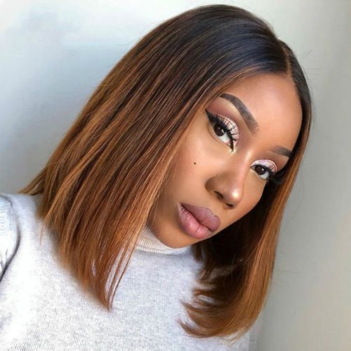 Short Straight Hair Wig Brown Gradient Hair Wig With Medium Parting 14 Inch