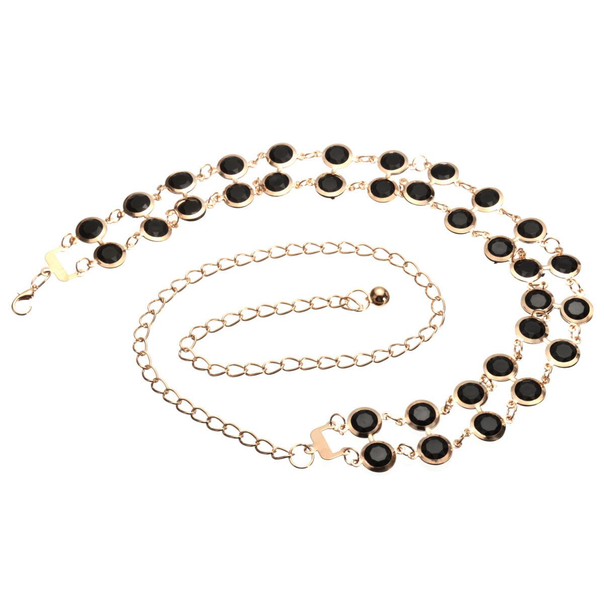 Ladies Gold Chain Waist Metal Belt Rhinestone Black Beads Stretch Metal Hip