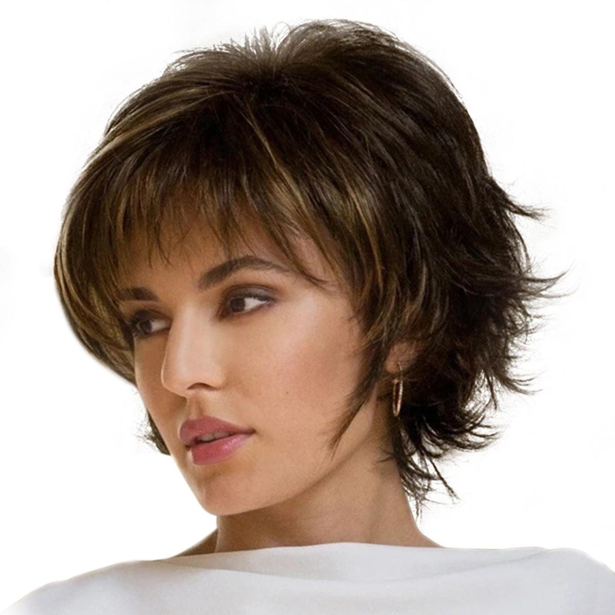 Short Hair Wigs with Bangs Layered Wavy Hair Wig Heat Resistant Synthetic Blonde Mixed Black Brown Natural Color for Women Daily Use