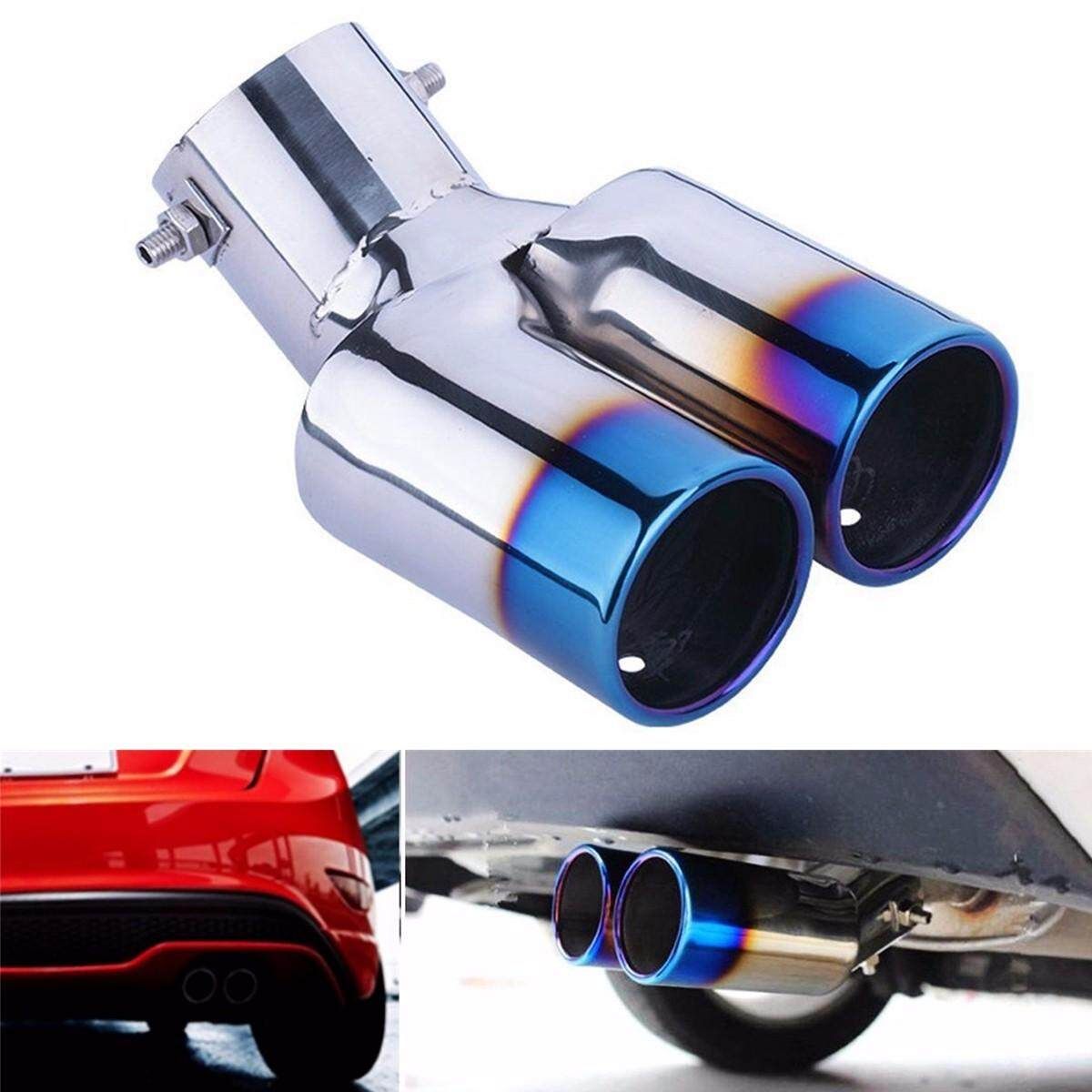 Grilled Blue Curved Tail Muffler Exhaust Pipe Double Twin Tip For KIA Ford Honda