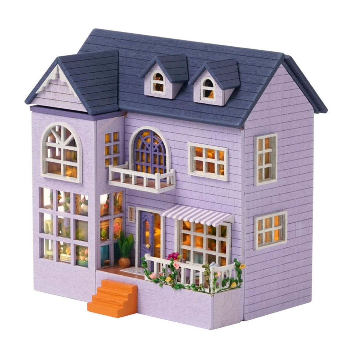 1 Set House Building Toy Wooden DIY Miniature House Children Toy Purple