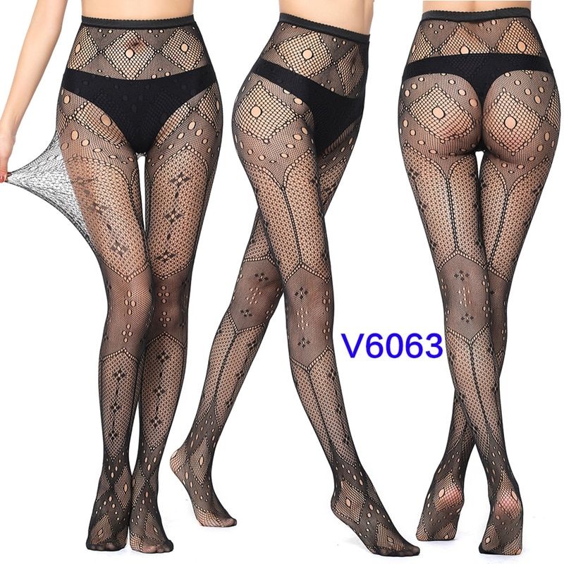 Women Long Y Hollow Out Fishnet Stockings Hose Black High Waist Lace Transparent Stocking-V6063