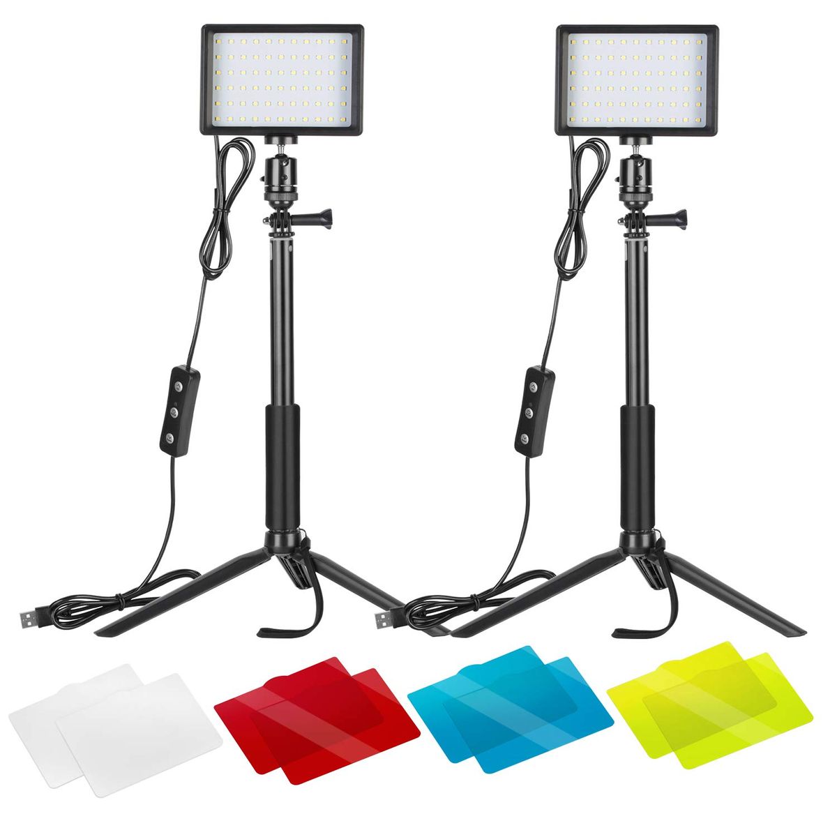 2 Packs Dimmable 5600K USB Camera LED Video Light W/ Adjustable Tripod Stand Color Filters