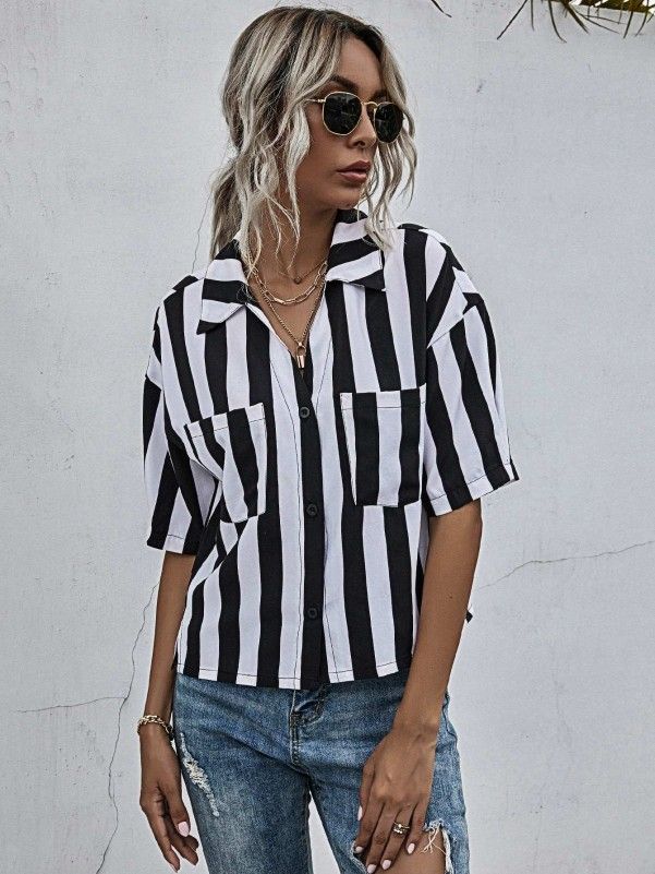 Vintage Sumer Beach Striped Loose Ladies Short Sleeve Shirt