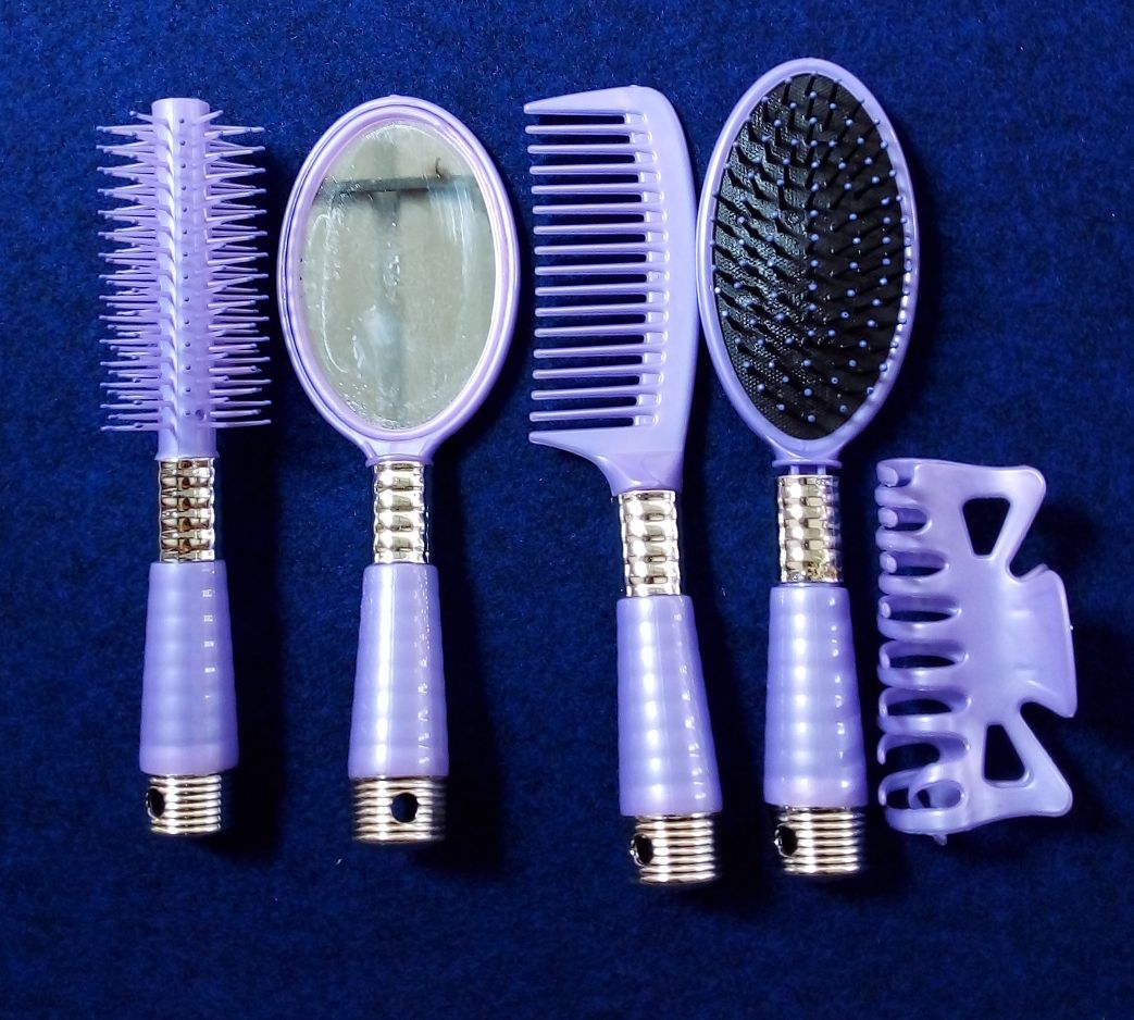 SET OF HAIR STYLING BRUSH/COMB WITH MIRROR AND HAIR HOLDER PURPLE