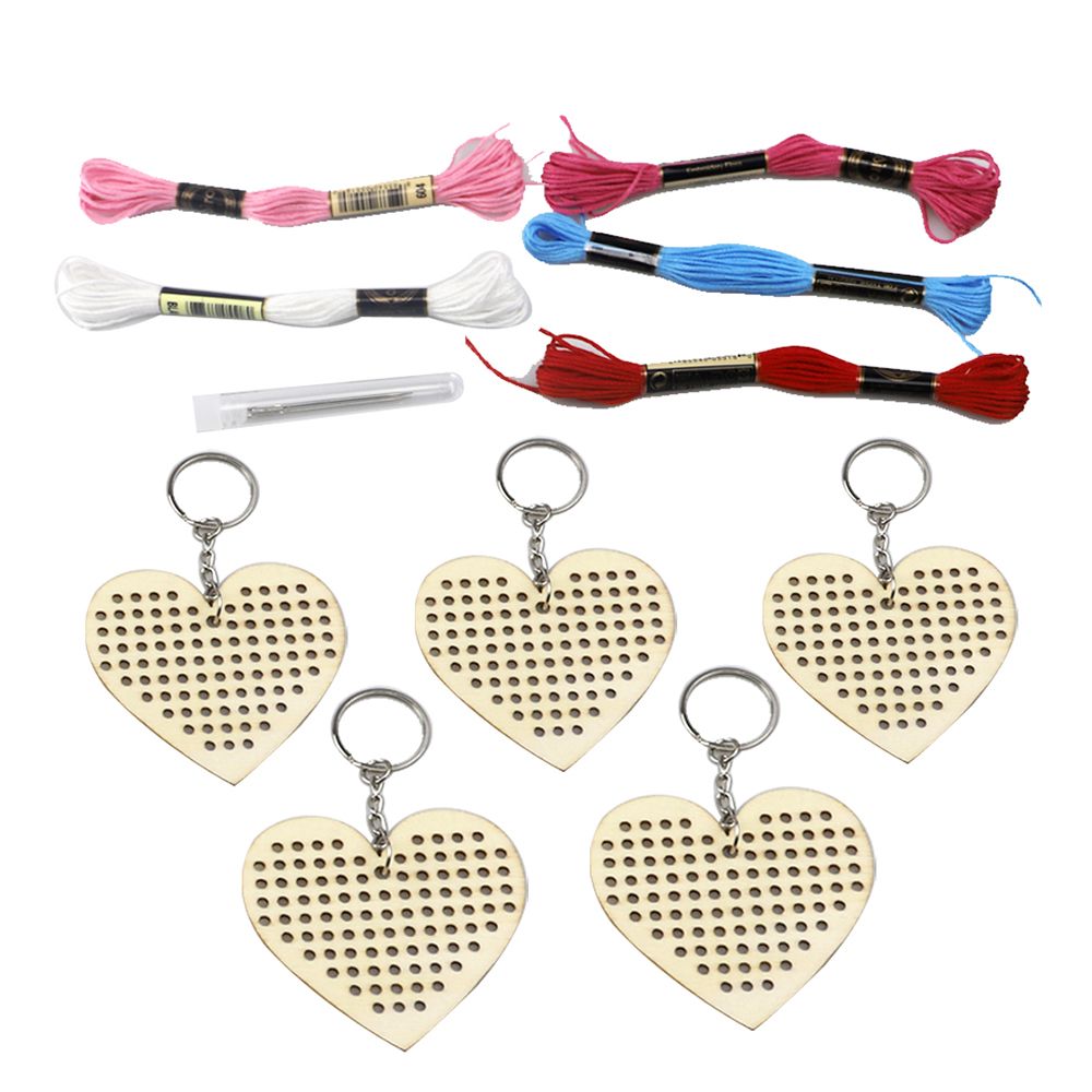 5Pcs Wooden Heart With Colour Embroidery Threads DIY Craft