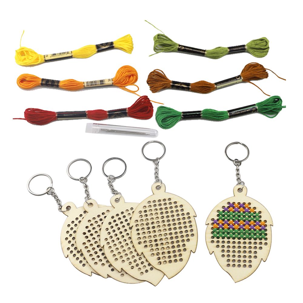 5Pcs Wooden Leaves With Colour Embroidery Threads DIY Craft