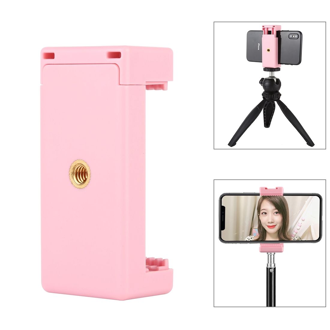 PULUZ Selfie Sticks Tripod Mount Phone Clamp With 1/4 Inch Screw Holes & Cold Shoe Base(Pink)