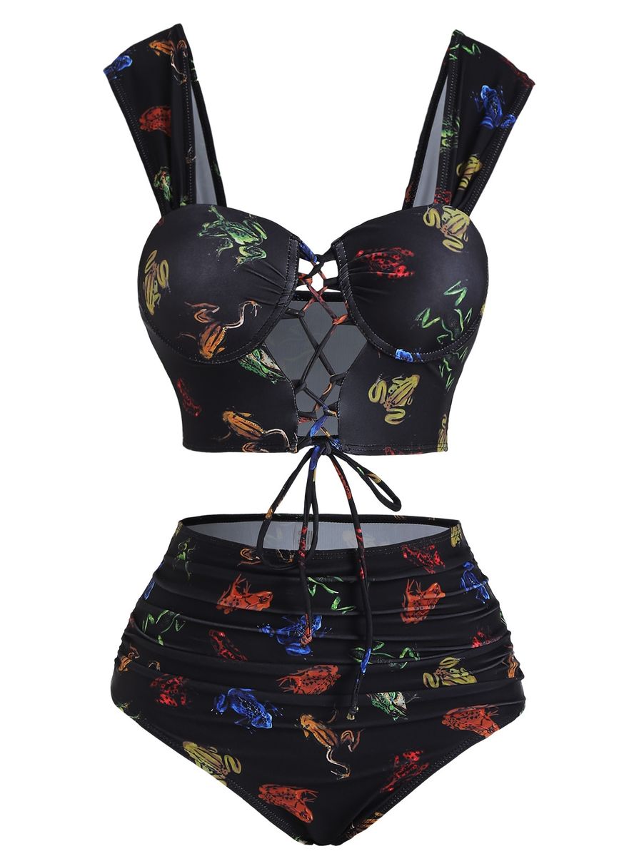 Women Cute Sun Star Moon Lattice High Waisted Tankini Swimsuit Ladies Two Pieces Bathing Suit Casual Summer Beach Wear Muil0601