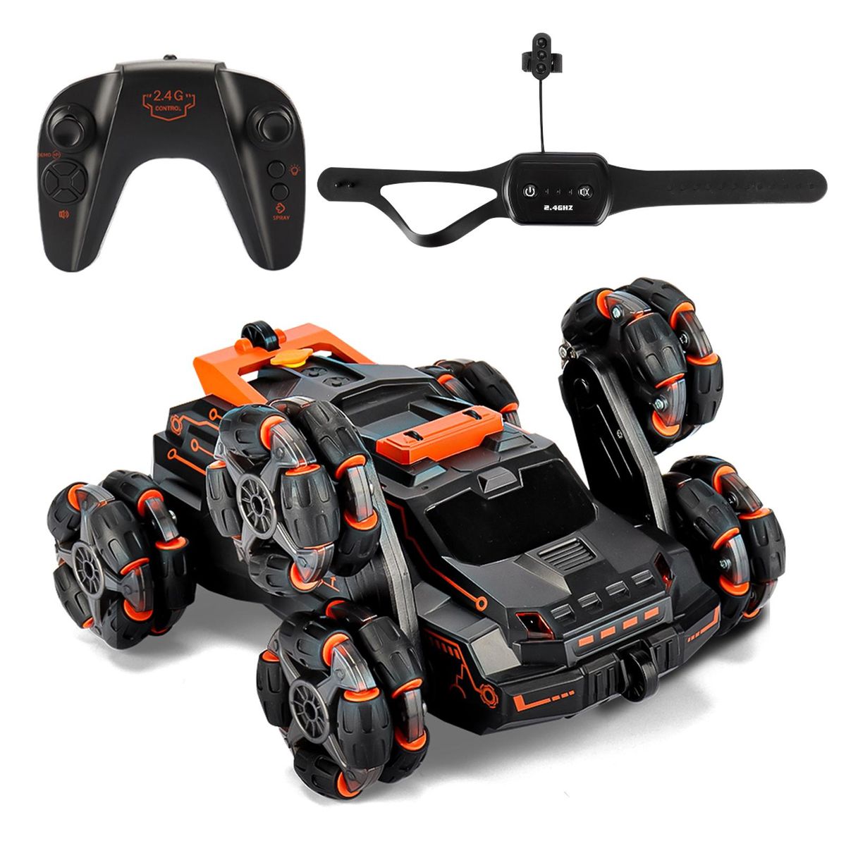 RC Stunt Car for Kids 2.4GHz 4WD Remote Control Stunt Car 2 Control Mode Double Sided 360° Rotating Vehicles with Spray Music Light