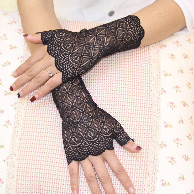 Warm Lace Hand Black Cotton Fingerless Long Gloves For Wome