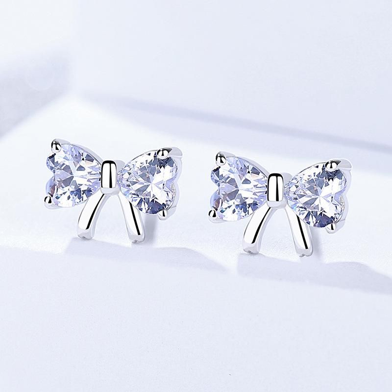 S925 Pure Silver Ear Studs Women's Bowknot Forest Earrings ins Minimalist Style Zircon Christmas Earrings