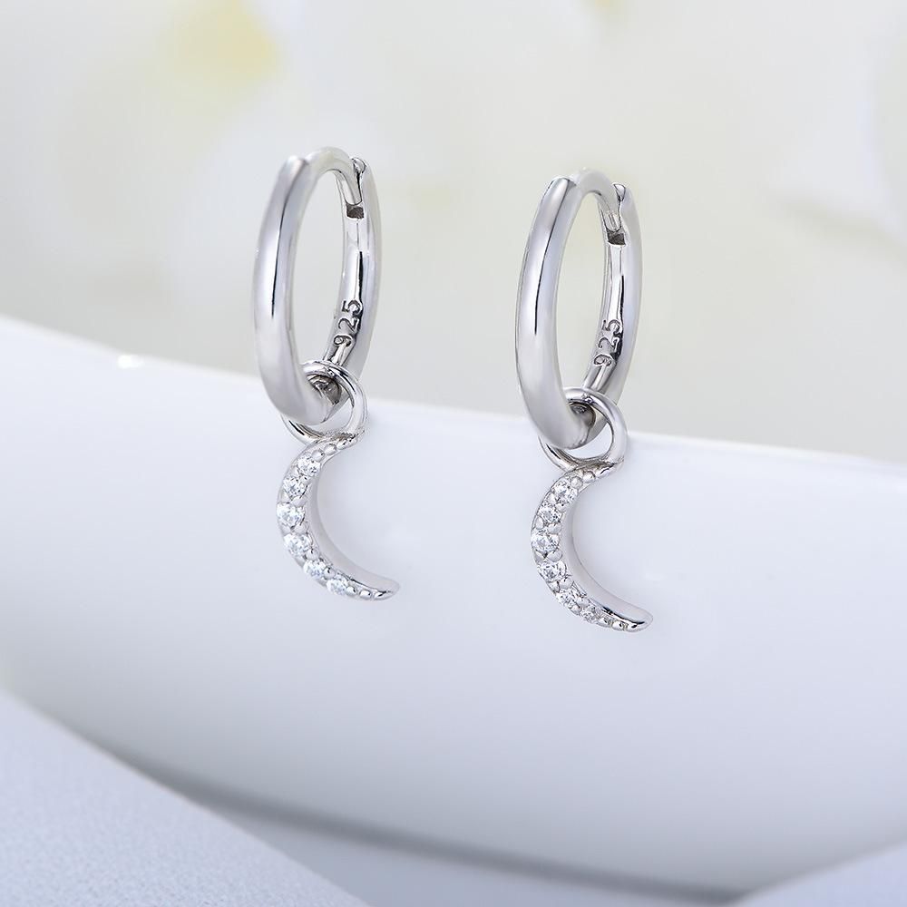 S925 Sterling Silver Micro Inlaid Zircon Moon Earrings for Women's Light Luxury Style Earrings