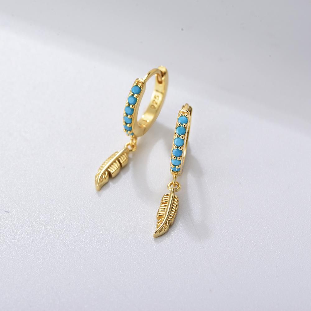 S925 Sterling Silver Turquoise Feather Earrings for Women with a Light Luxury and Advanced Sense