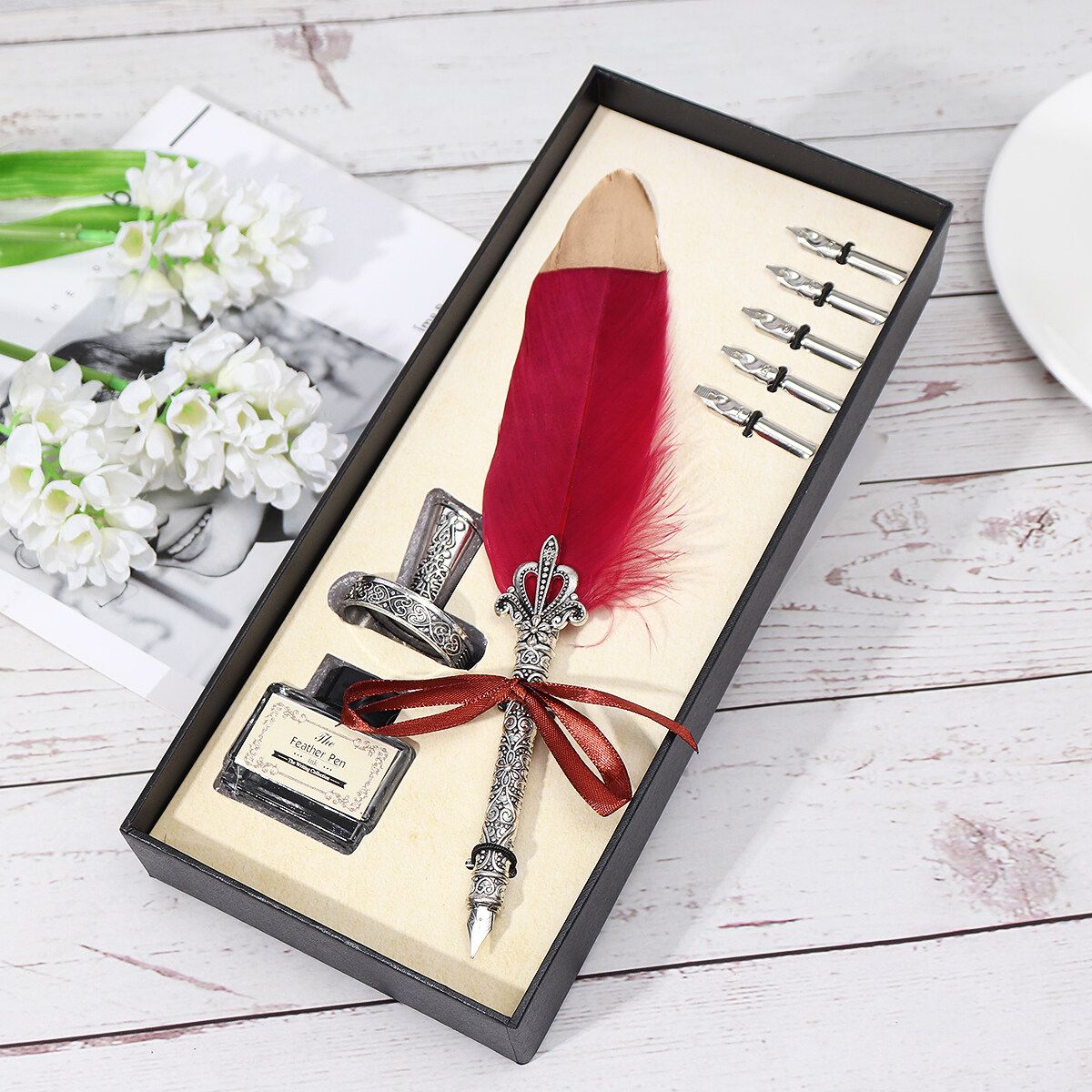 9 Pcs Vintage Feather Dip Pen Writing Ink Set With Ink Holder Stationery Luxury Calligraphy Fountain Gift Box Red