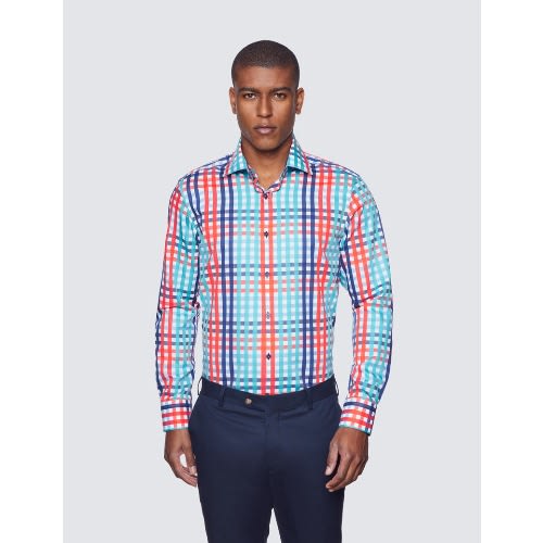 Curtis White & Navy Multi Colour Gingham Check Relaxed Slim Fit Shirt - Low Collar