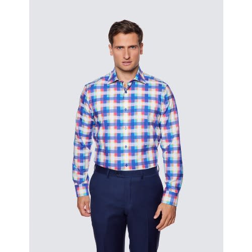 Curtis Blue & Orange Multi Check Relaxed Slim Fit Shirt - Low Collar