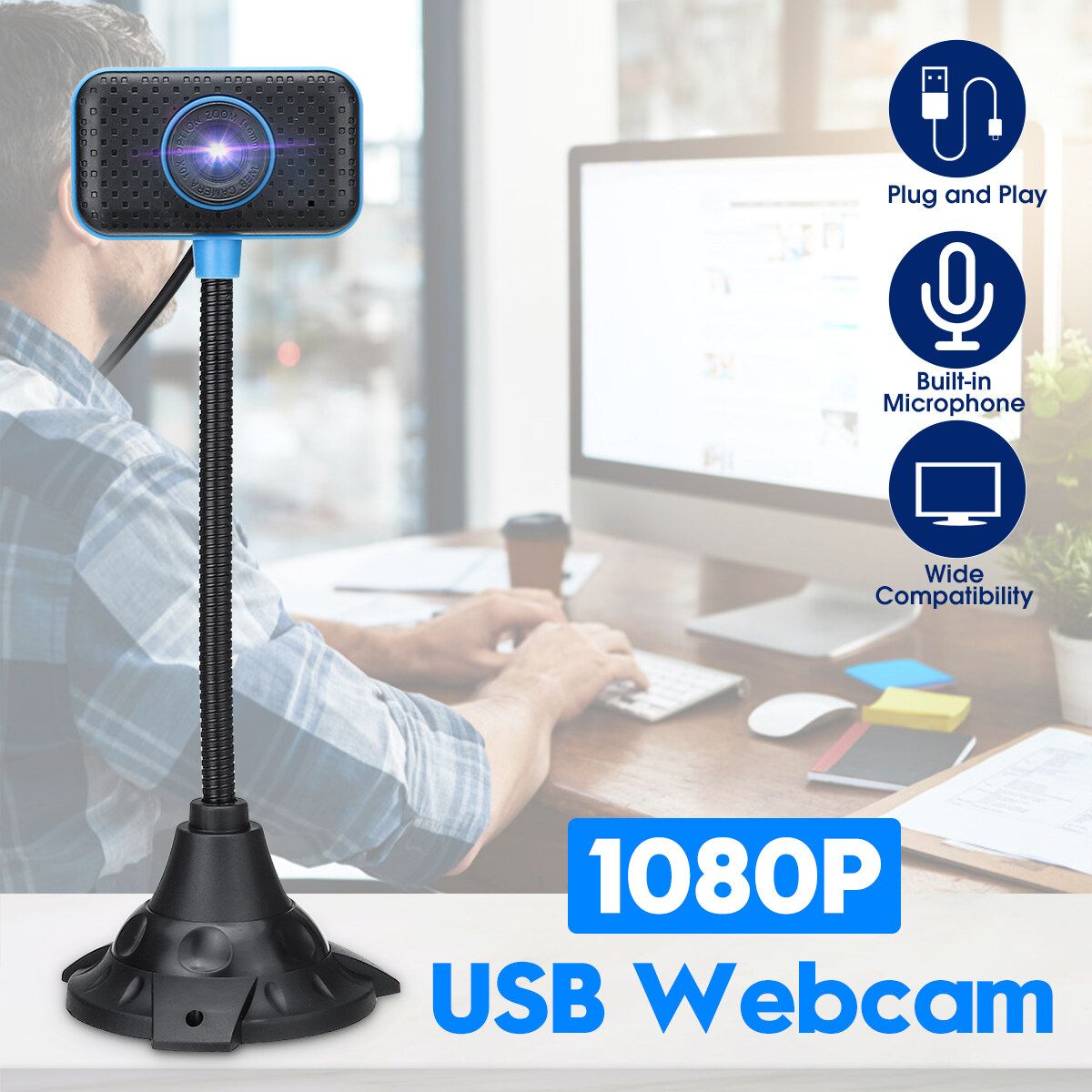 HD 1080P USB Webcams Web Camera Cam With Microphone Free Rotation For PC Laptop