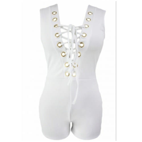 Grommet Lace Up Sleeveless Romper - White
