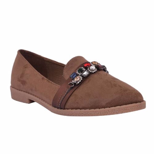 Ladies Suede Flat Loafers - Khaki