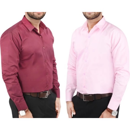 Set Of 2 Men's Formal Dress Shirt  - Wine & Pink