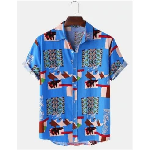 Men's Short Sleeve Casual Printed Shirt - Blue