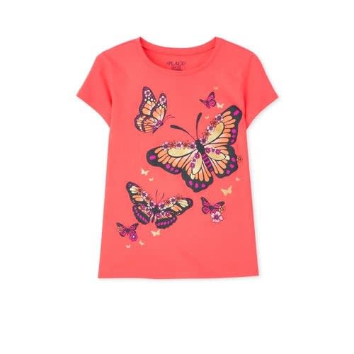 Girls Glitters Butterfly Graphic Top- Coral Pink