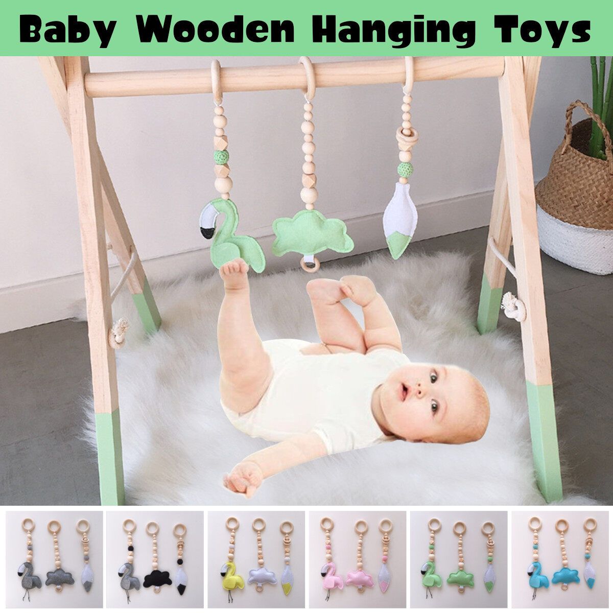 3Pcs Wooden Hanging Toys Play Stand Ornaments Nursery Fun Mobile Rack Activity Gym Gift For Baby Black