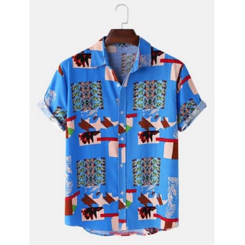 Men's Short Sleeve Casual Printed Shirt - Blue