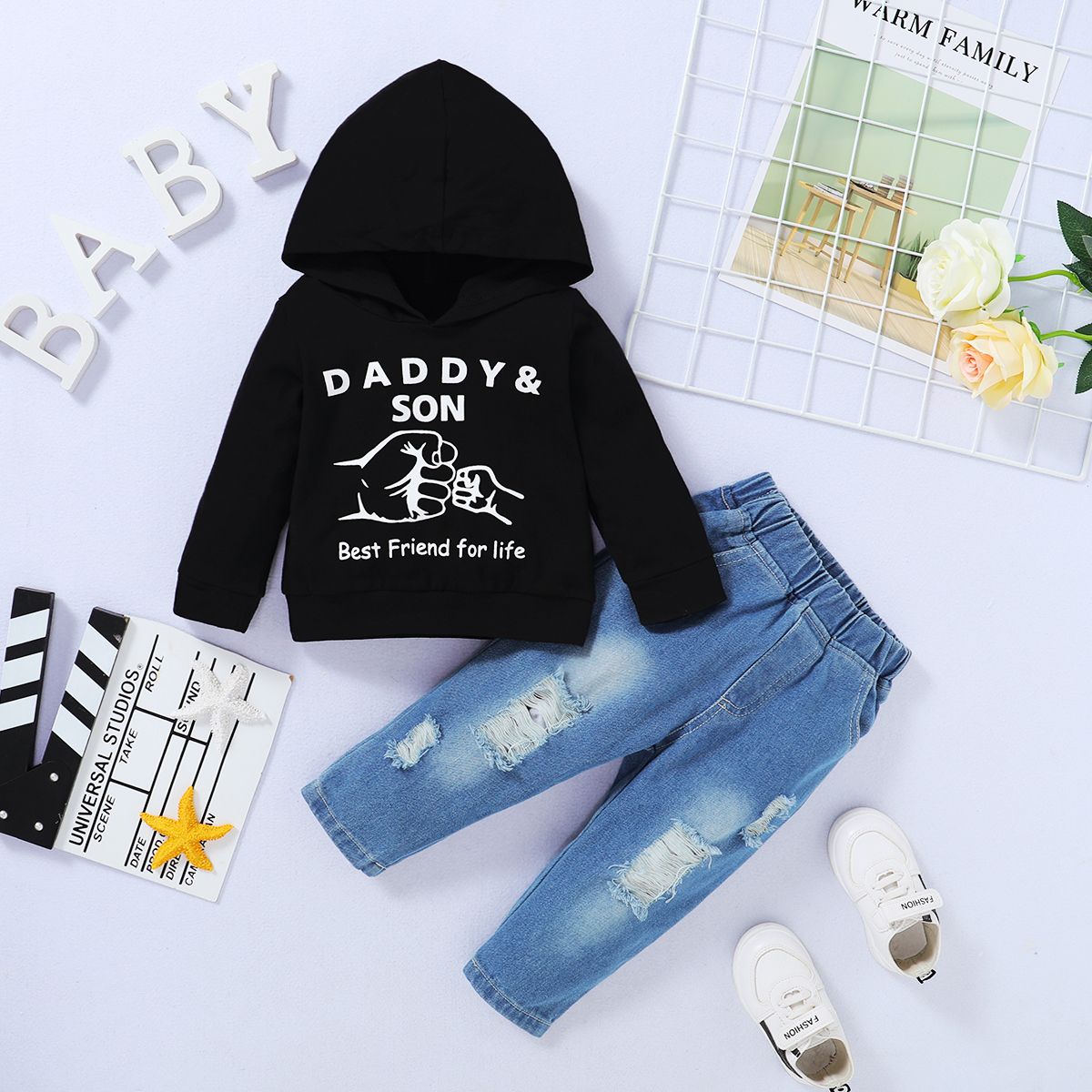 Kid Boys Denim Outfit Letter Print Long Sleeve Hoodie With Fashion Ripped Deisgn Jeans
