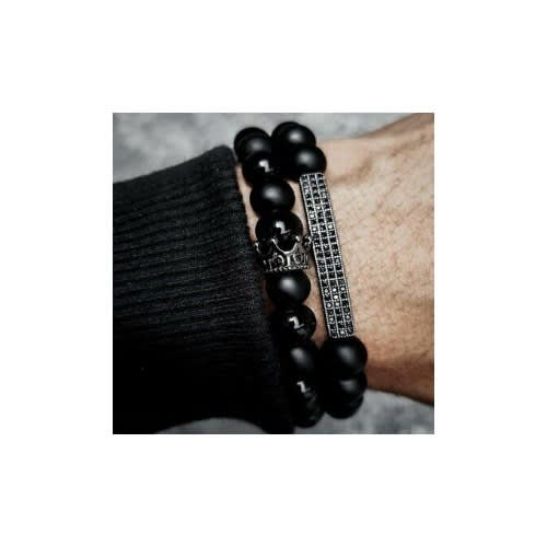 2-Piece Crown Natural Stone Matt Lava Bead Bracelet For Men - Black