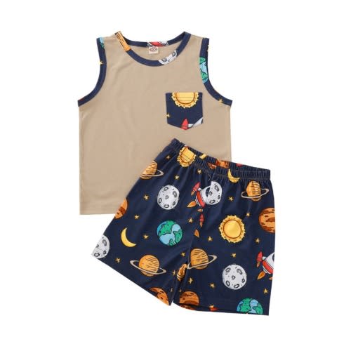 2 Pieces Kid Boy Space Print Set Tank Top With Shorts