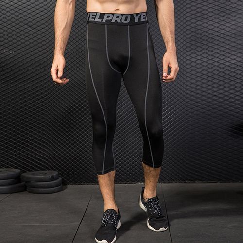 Men Sport Cropped Trousers,High Waist Leggings Sport Pants Tights（Black Gray）