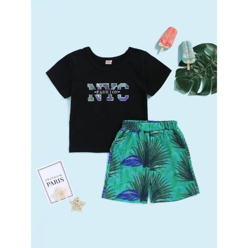 2-piece Kid  Print Tee And Tropical Print Shorts Set