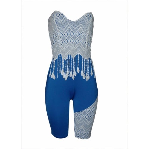 Lace Insert Jumpsuit - Blue & White