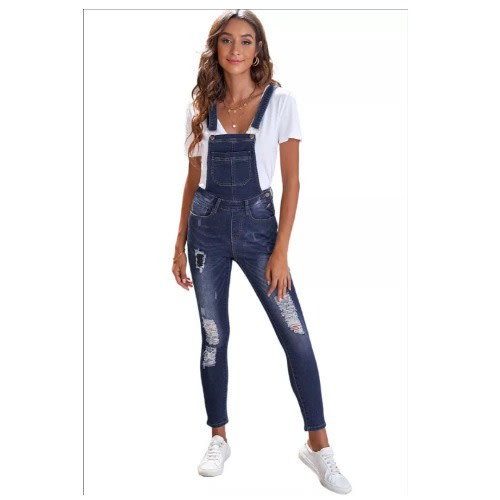 Wash Distressed Denim Overall - Dark Blue