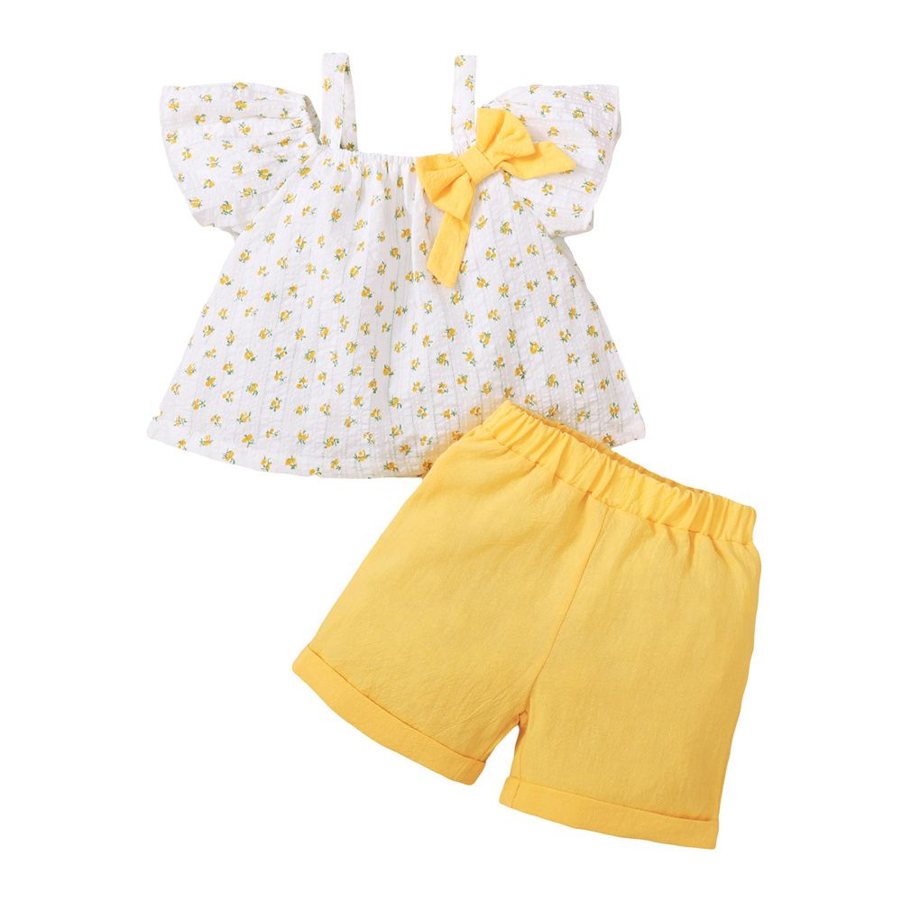 Kid Girl Floral Off Shoulder Short Sleeve Tops+Solid Shorts