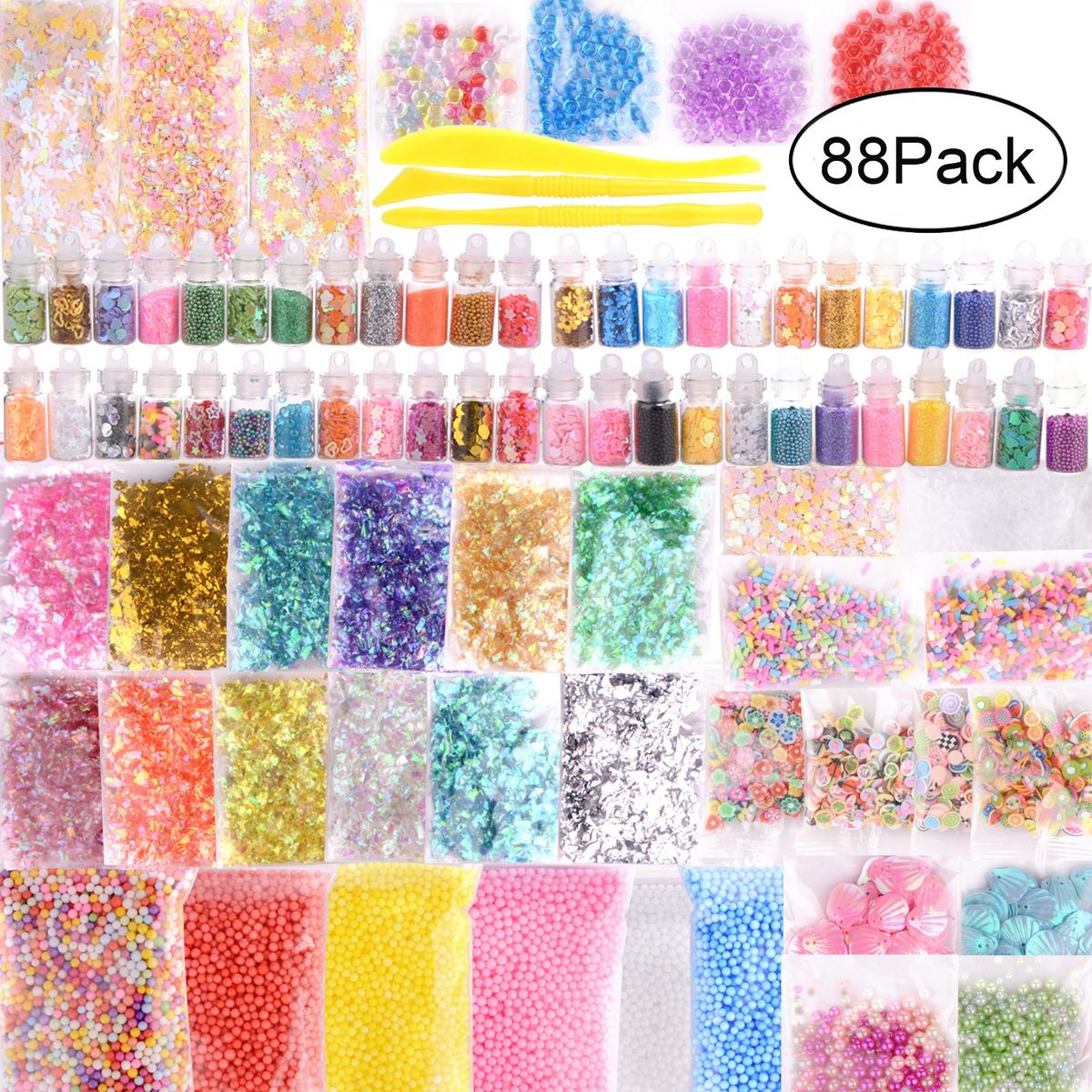 88pcs/set 3D Fluffy Foam Slime Foam Balls Kids Baby Toys DIY Craft Slime Supplies Kit Floam Beads Glitter Slices Rainbow Pearl