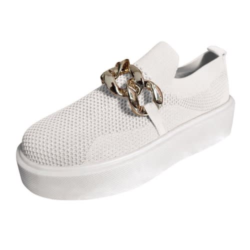 Ladies Mesh Metal Chain Casual Sneakers - White