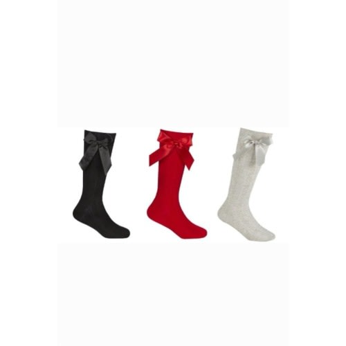 Girls Toddler Socks With Stylish Bow - 3 In 1 Pack - Dark Red + White + Black